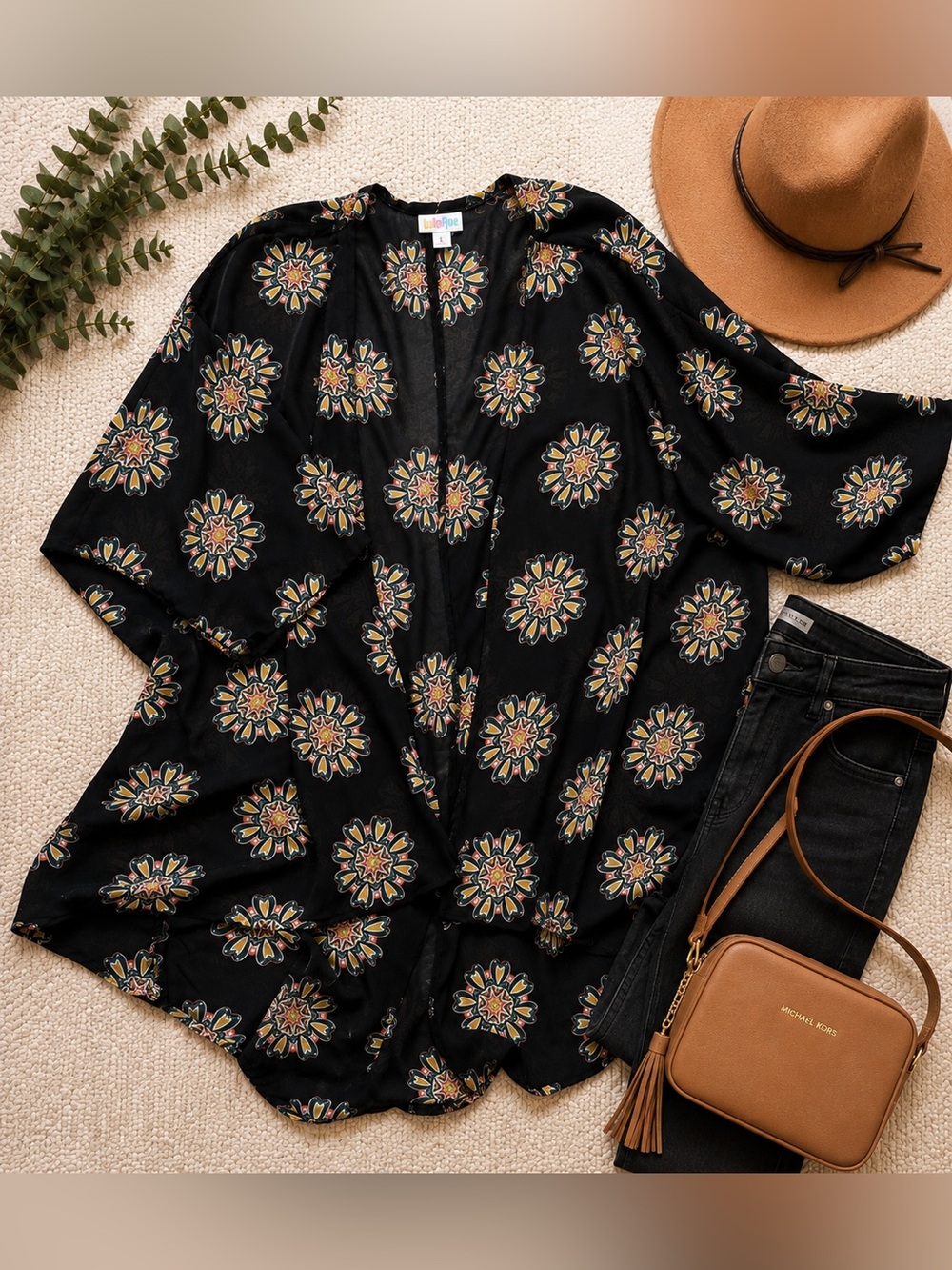 LuLaRoe Lindsey Small Black Floral Medallion Kimono Cardigan Open Front Cover Up